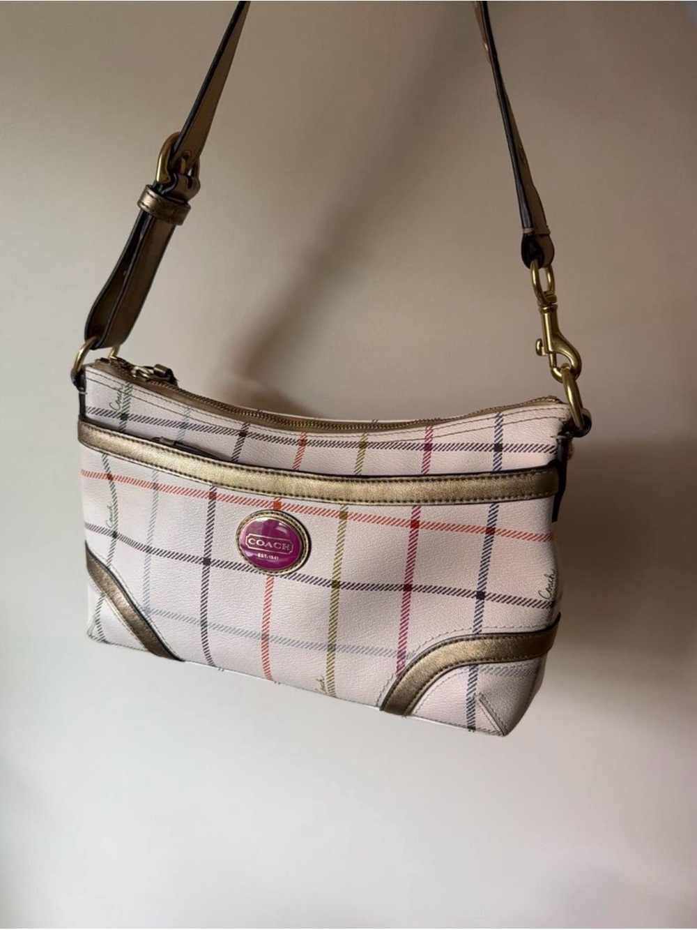 Coach Pink Plaid Shoulder Bag with Gold Metallic Trim